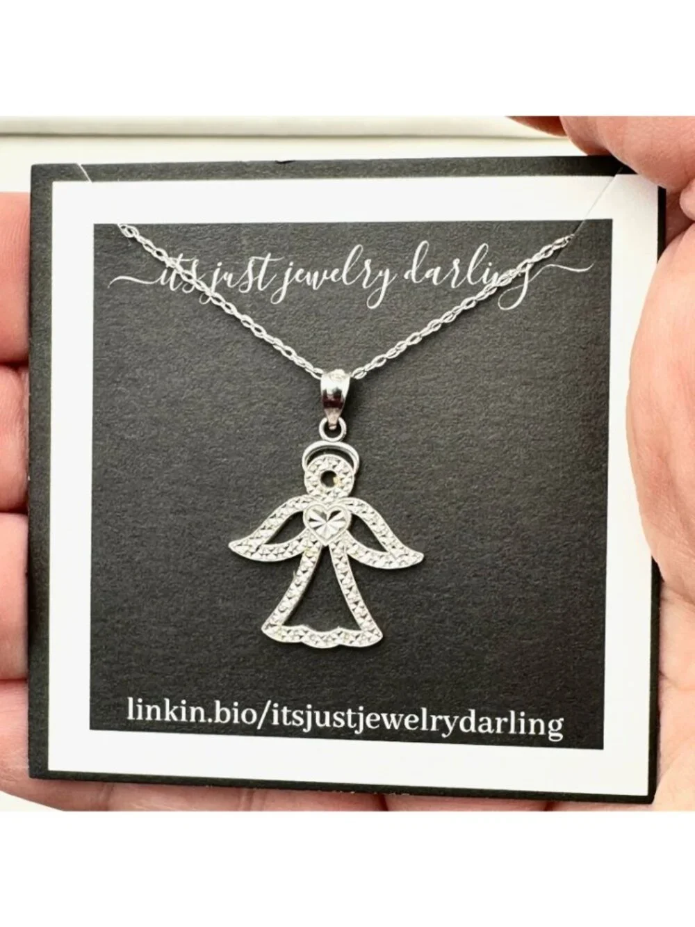 14K White Gold Womens Necklace Angel Heart Pendant 18